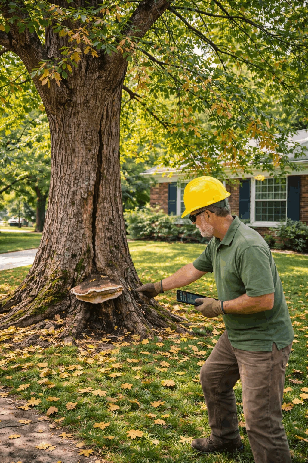 Arborist inspecting diseased oak tree trunk for fungal decay in residential yard